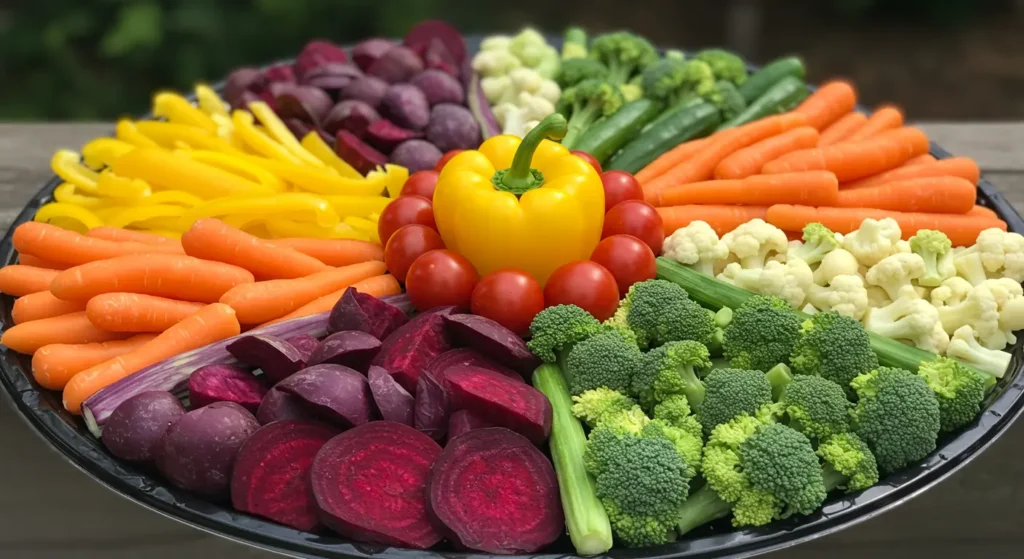 Vibrant vegetable platter arranged in a color wheel design with rainbow-colored vegetables displayed in a circular pattern.
