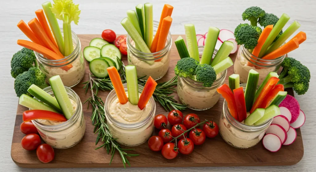 Vertical garden-style veggie platter with hummus-filled jars holding upright vegetable sticks, surrounded by fresh herbs and colorful vegetables.